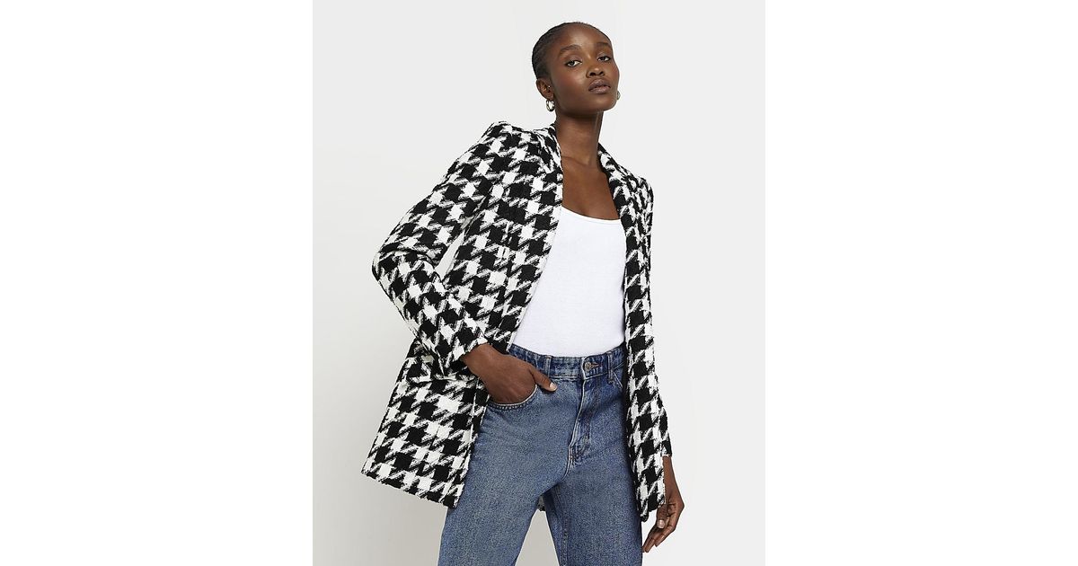 River Island Black Boucle Dogtooth Blazer in White Lyst