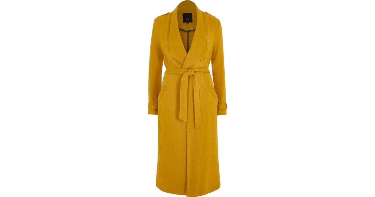 River Island Synthetic Mustard Yellow Belted Duster Trench Coat Lyst