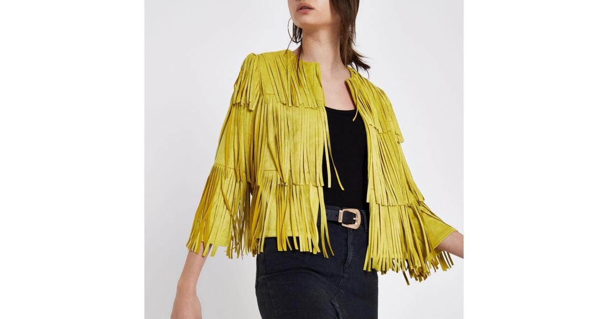 River Island Synthetic Yellow Faux Suede Fringe Jacket Lyst