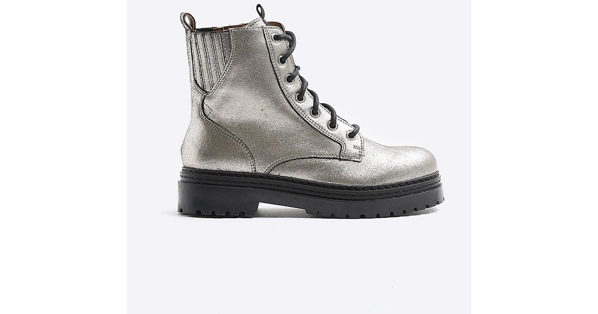 River Island Silver Leather Metallic Lace Up Boots in Gray Lyst