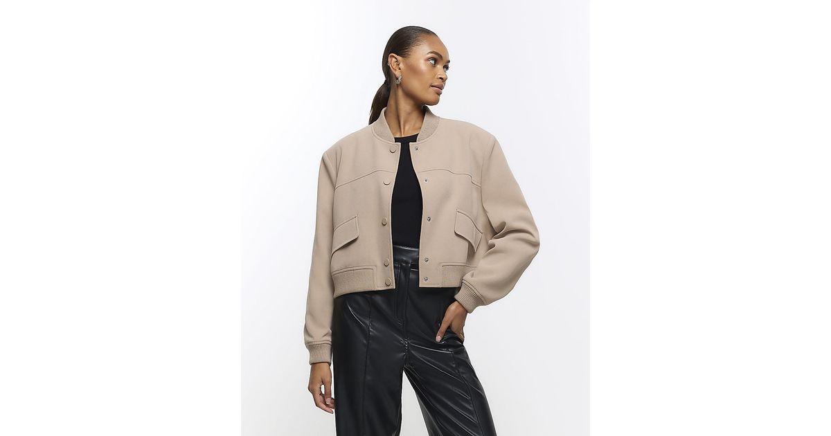 River Island Brown Tailored Crop Bomber Jacket in Natural | Lyst
