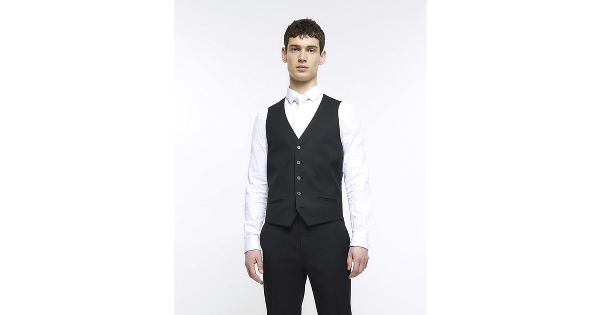 River Island Black Skinny Fit Herringbone Waistcoat in Blue for Men Lyst