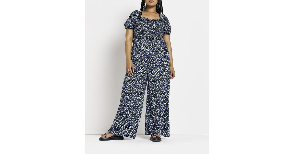 River Island Plus Navy Shirred Jumpsuit in Blue Lyst UK