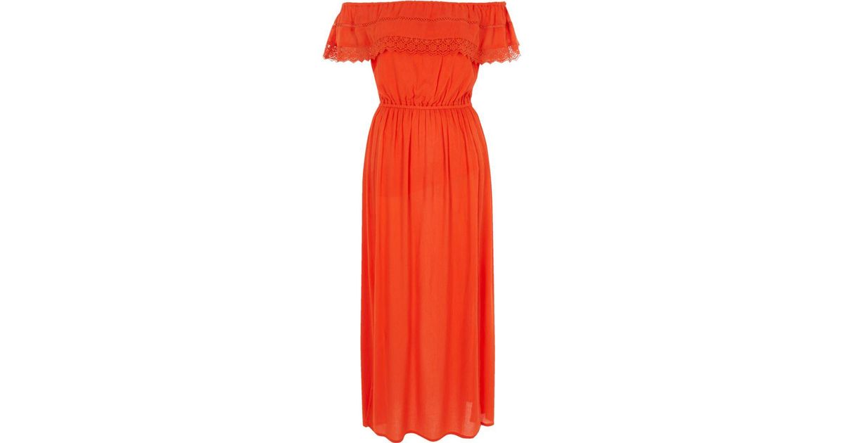 Orange Bardot Frill Maxi Dress - Lyst