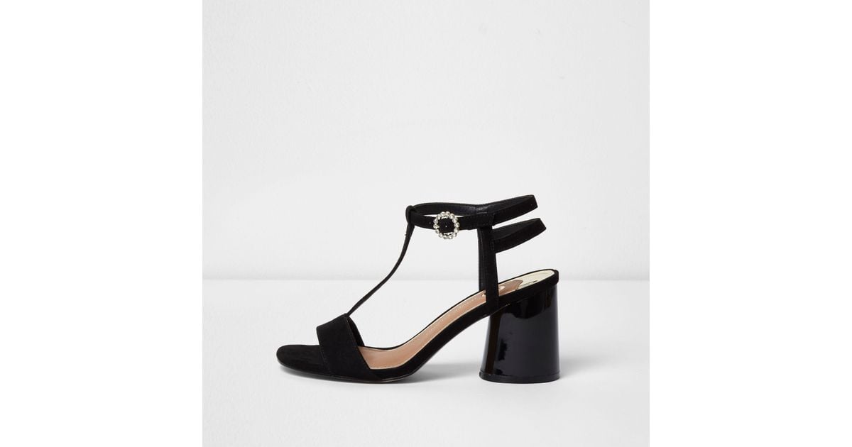 black t bar block heels