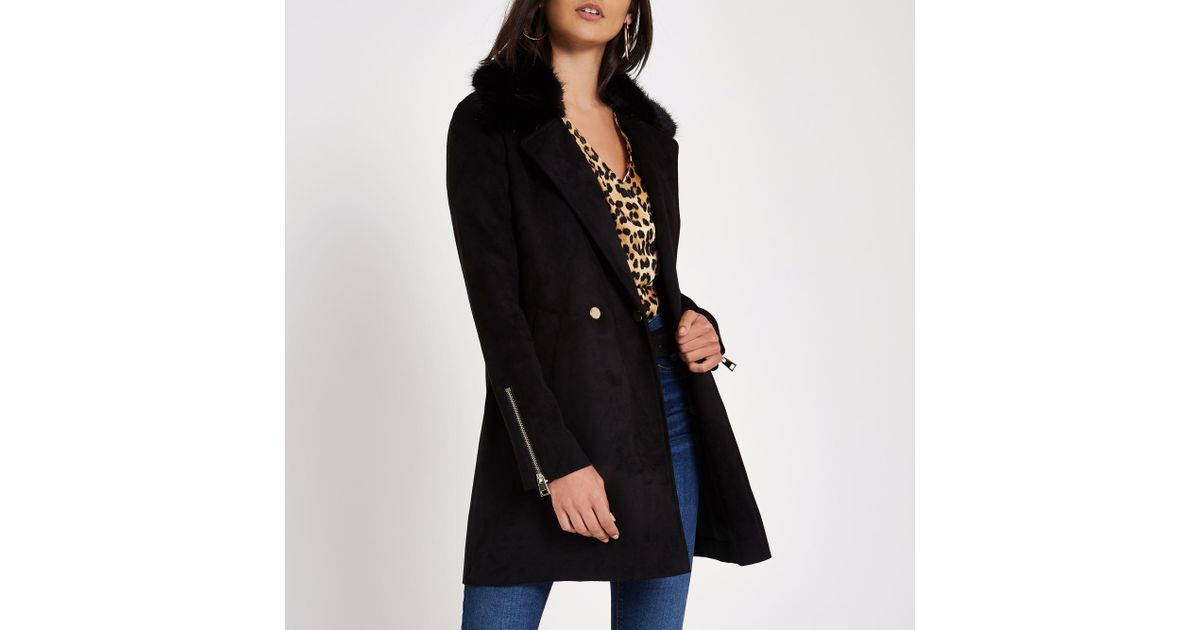 black faux fur collar swing coat