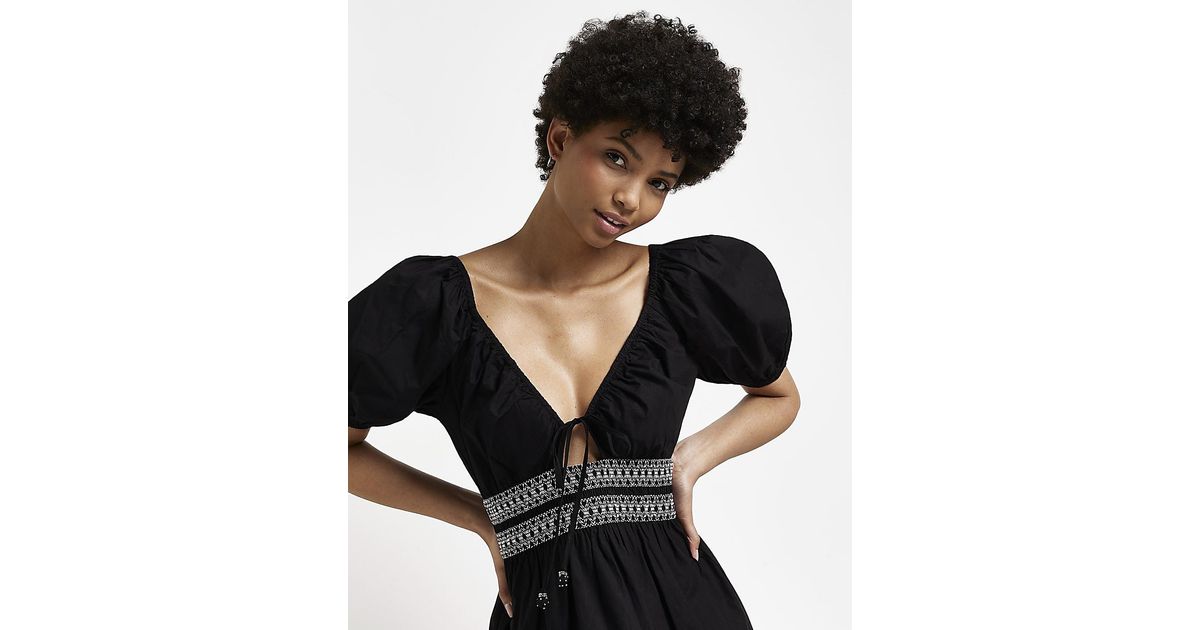 Black Embroidered Smock Mini Dress | Lyst