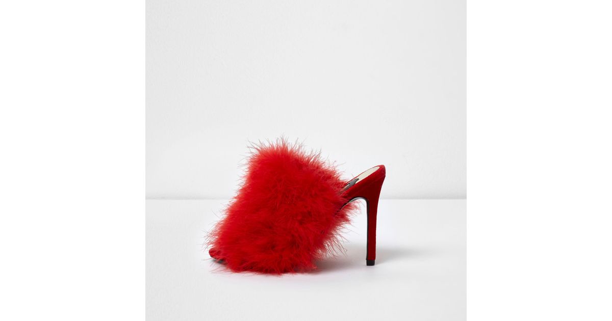 River Island Feather Mules in Red 