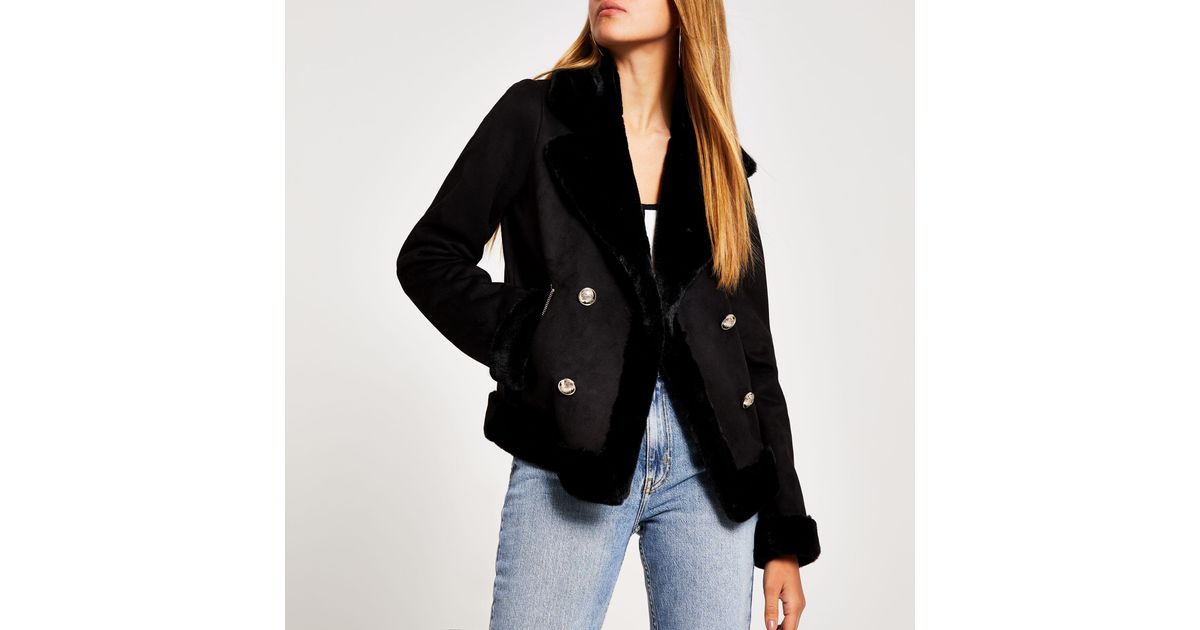 Black faux fur crested button aviator jacket Clearance
