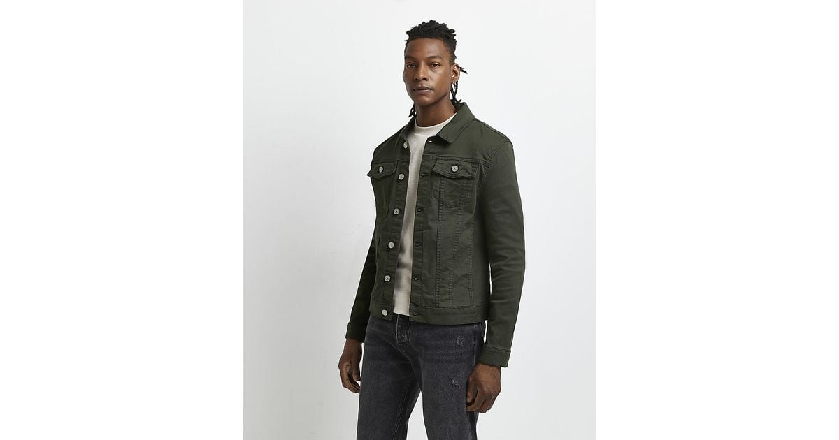 River Island Dark Muscle Fit Denim Jacket in Green for Men | Lyst