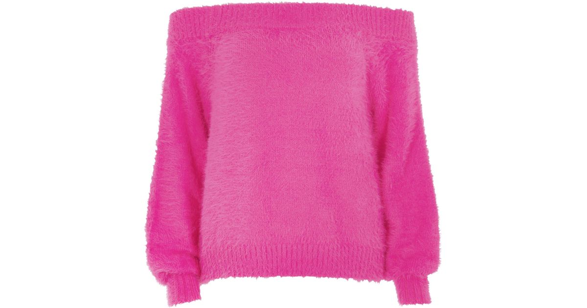 River Island Bright Pink Bardot Fluffy Knit Jumper | Lyst Canada