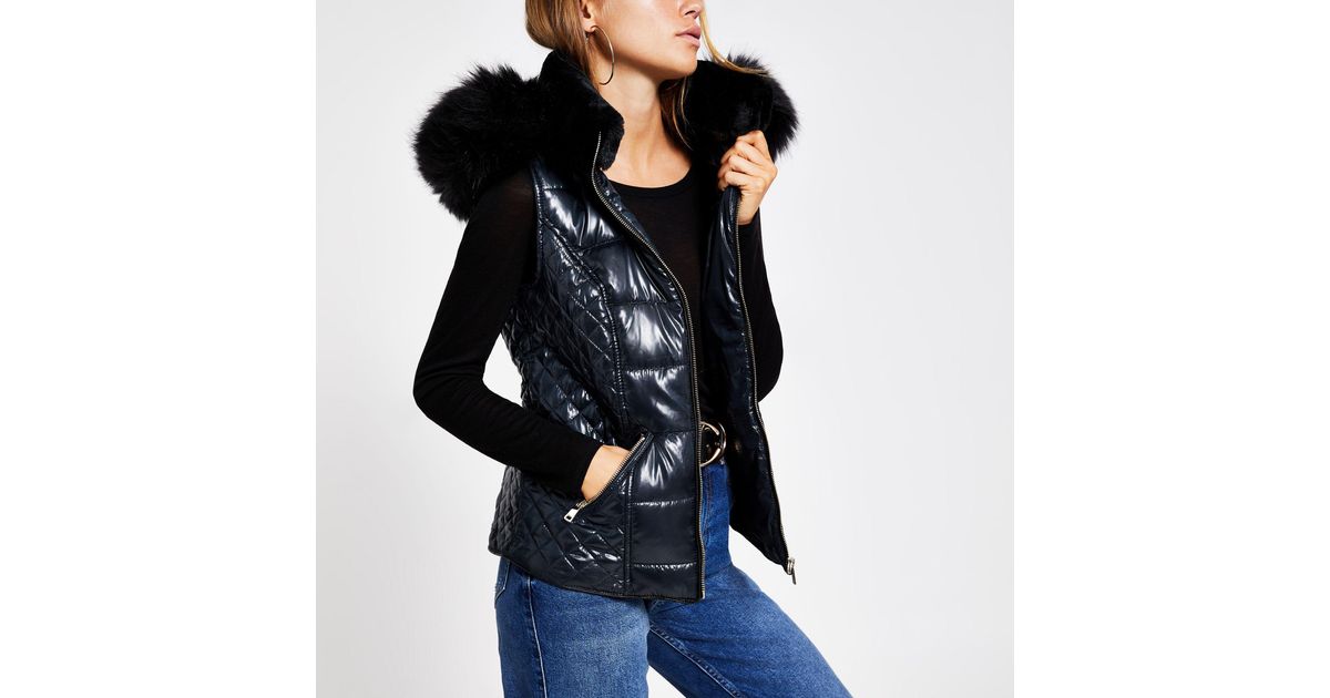 River Island Faux Fur Hood Padded Gilet in Navy (Blue) Lyst