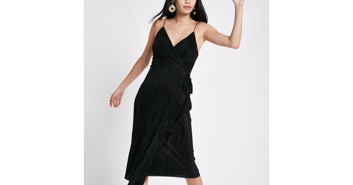 black plisse wrap dress