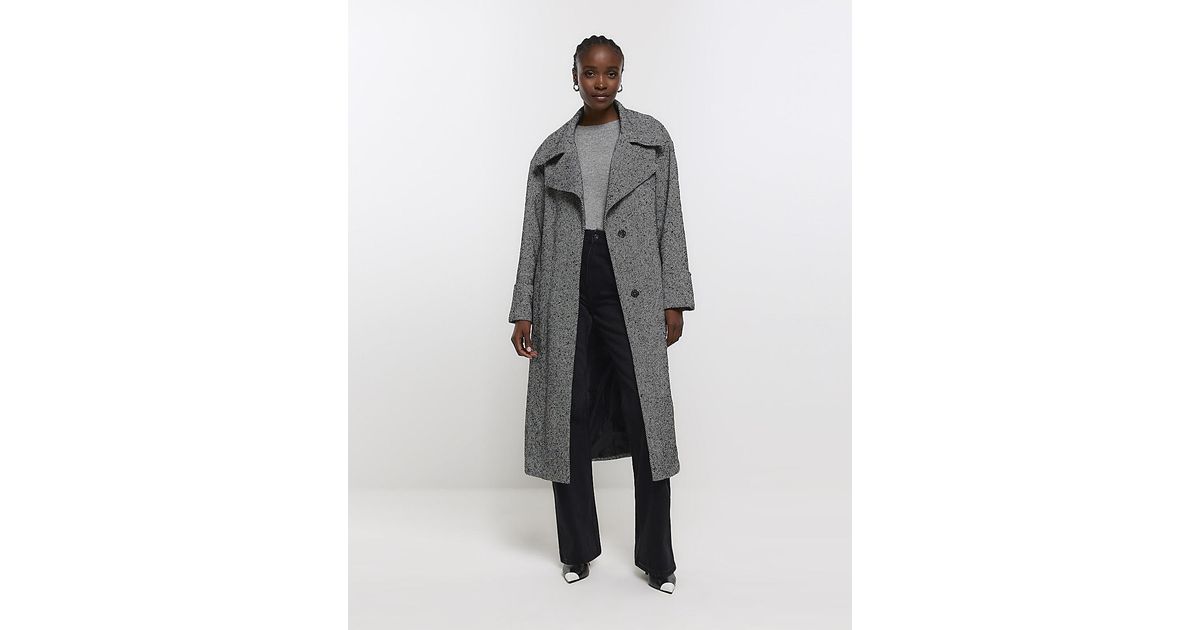 River Island Black Herringbone Longline Coat in Gray Lyst