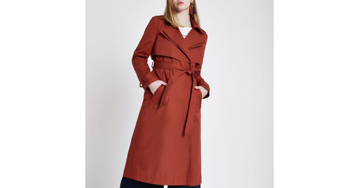 River Island Rust Orange Double Collar Belted Trench Coat in Brown ...