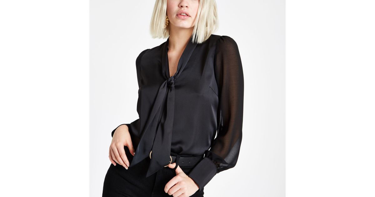 Black satin tie neck cheap blouse