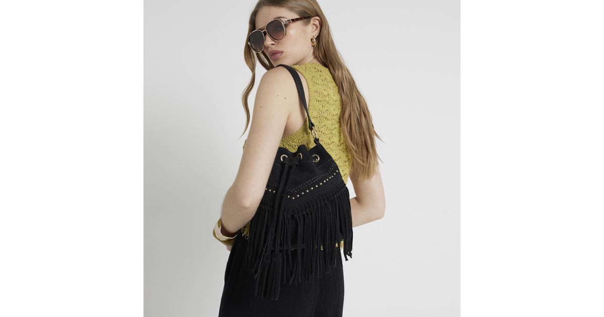 River Island Suede Fringe Hem Shoulder Bag in Black Lyst UK