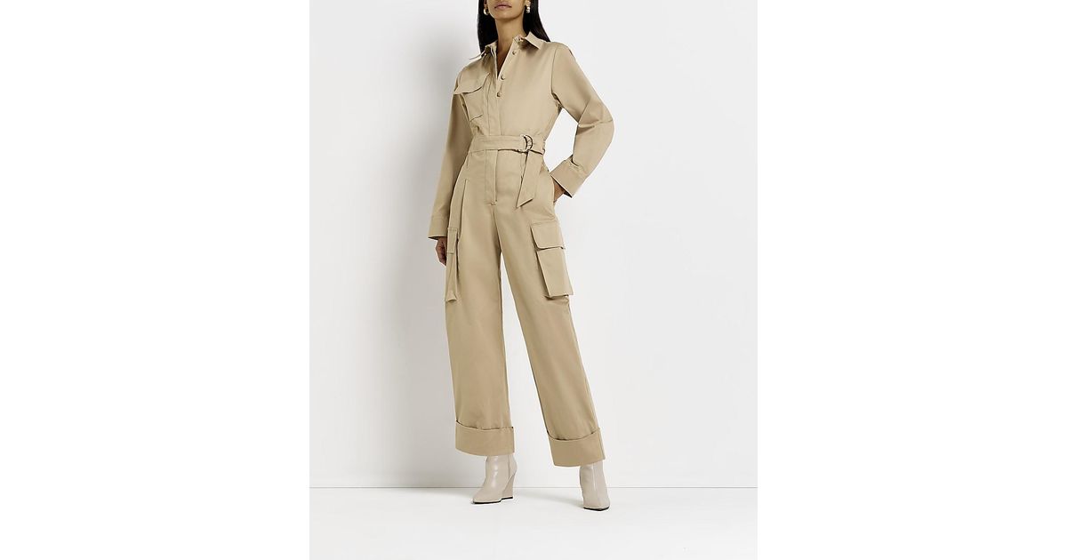 River Island Brown Utility Cargo Jumpsuit in Natural Lyst UK