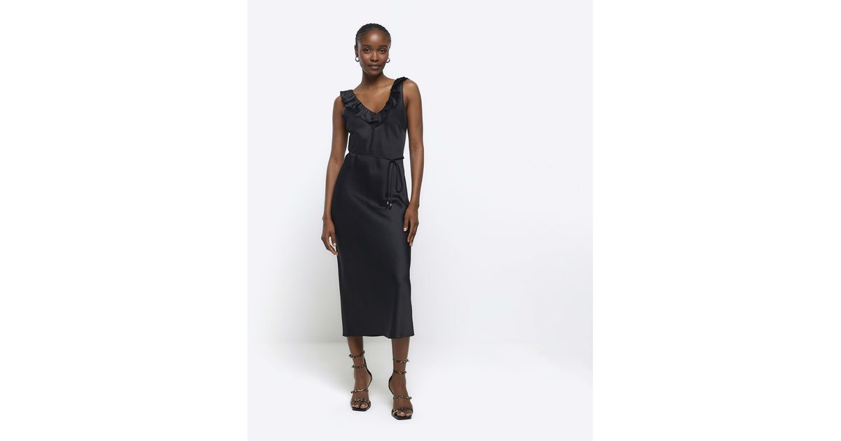 River Island Satin Frill Trim Slip Midi Dress in Black Lyst Canada