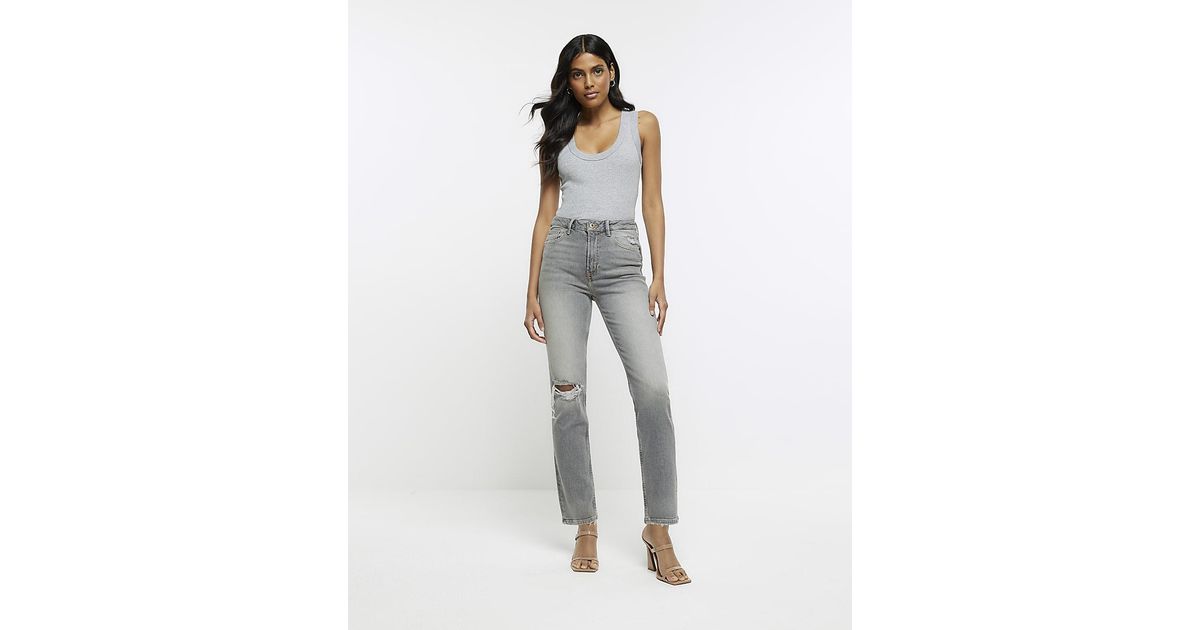 River Island Ripped High Waisted Slim Straight Jeans in White | Lyst