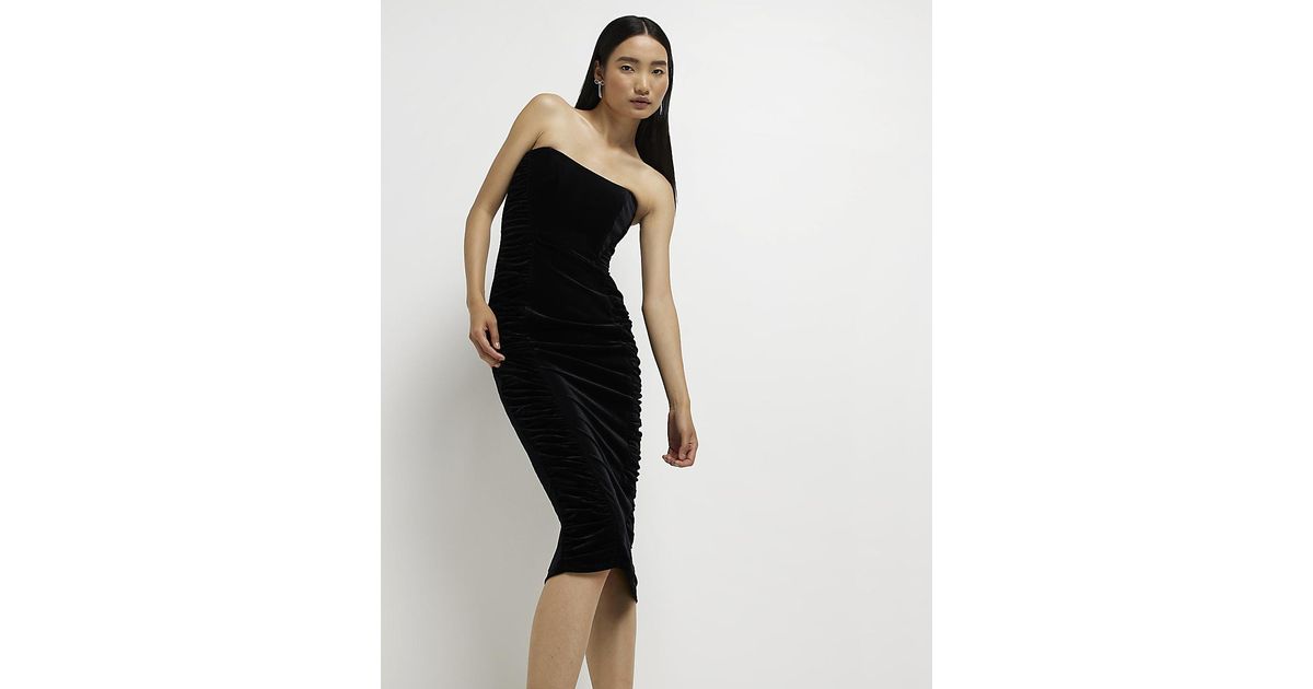 River Island Black Velvet Bandeau Midi Dress Lyst