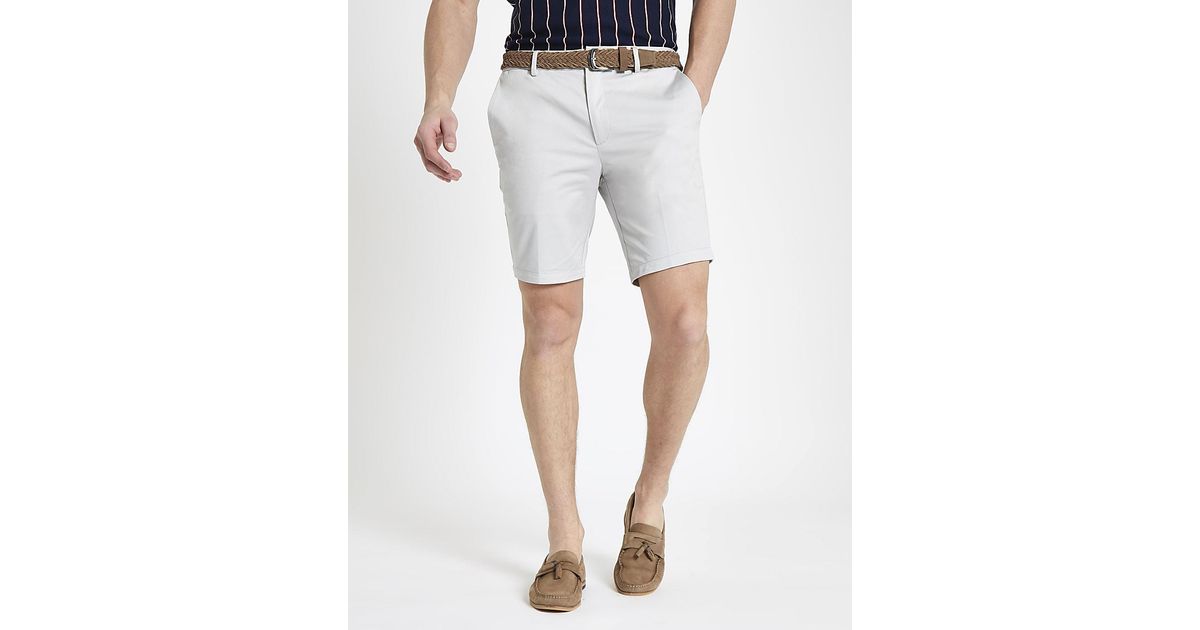River Island Stone Belted Slim Fit Chino Shorts in Natural for Men