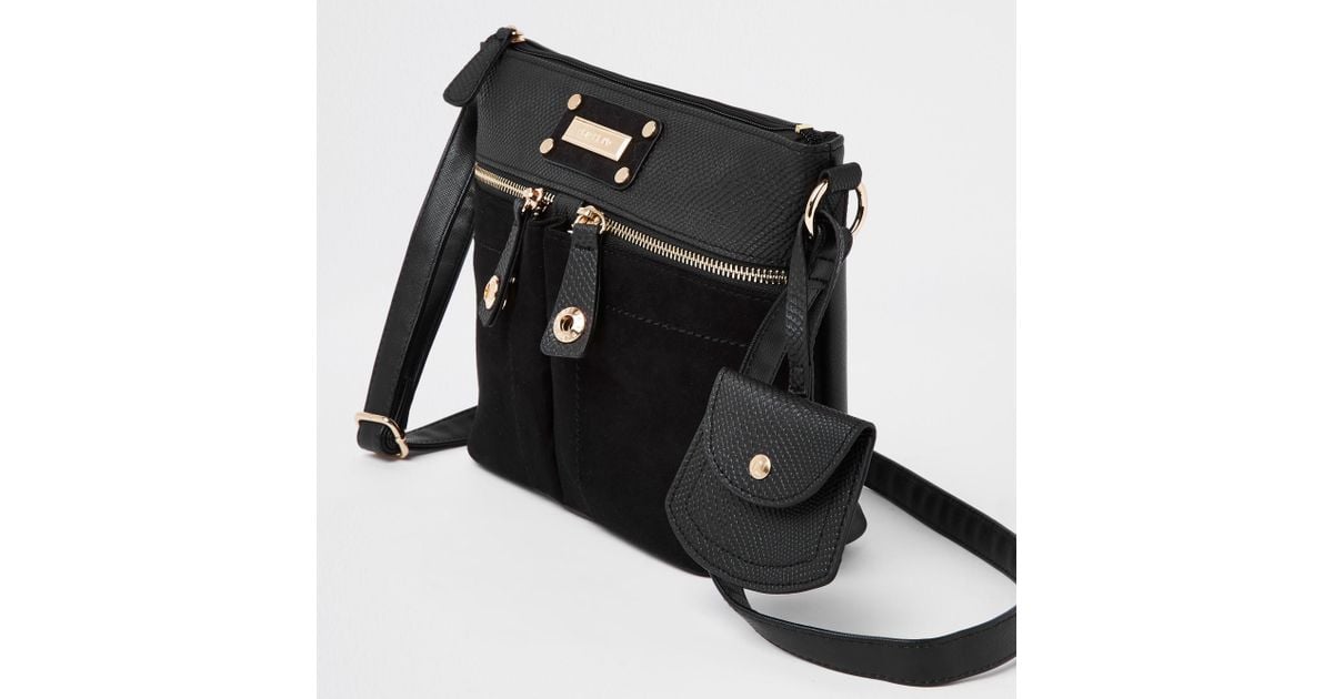 river island black double pocket messenger bag