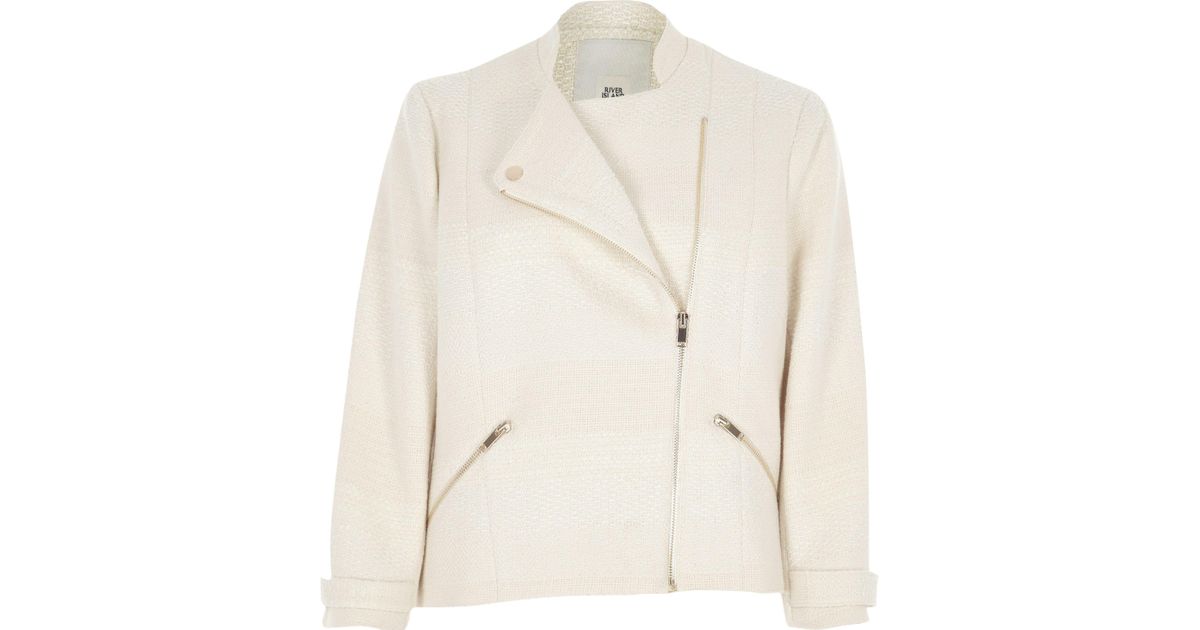 River Island Cream Boucle Biker Jacket in Natural Lyst UK