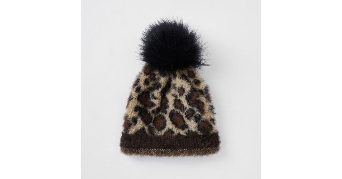 River Island Beige Leopard Print Pom Pom Beanie Hat in - Lyst