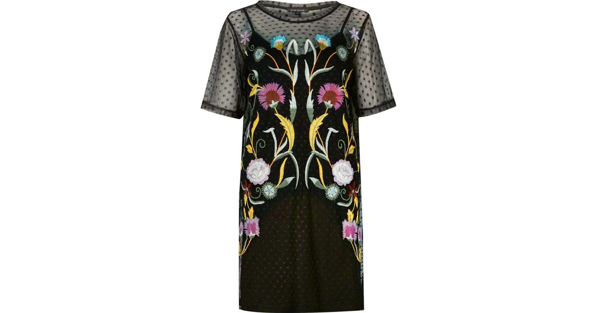 River Island Black Embroidered Mesh T shirt Dress Lyst Canada