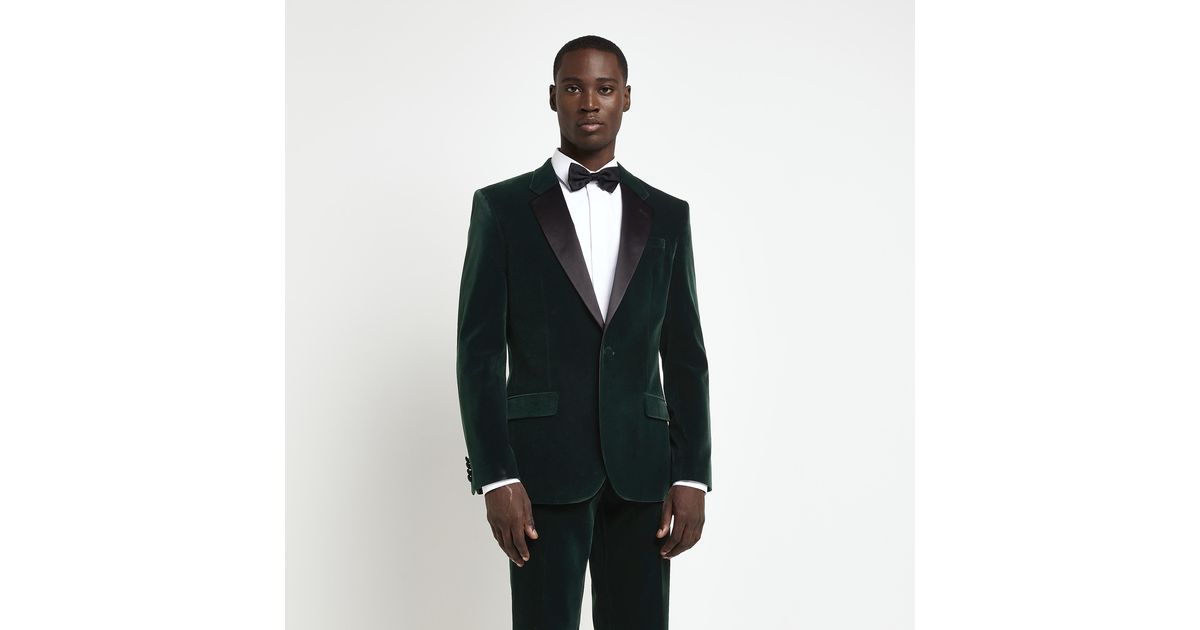 River Island Dark Green Velvet Tuxedo Slim Suit Jacket in Black for Men