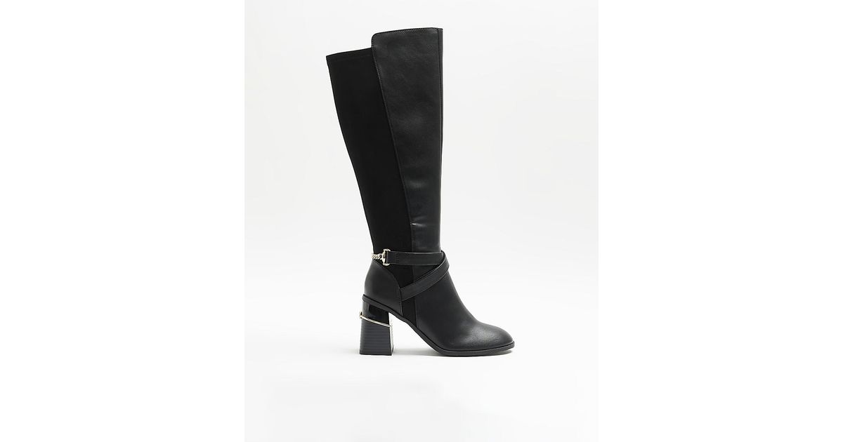 River Island Black Wide Fit Heeled High Leg Boots | Lyst