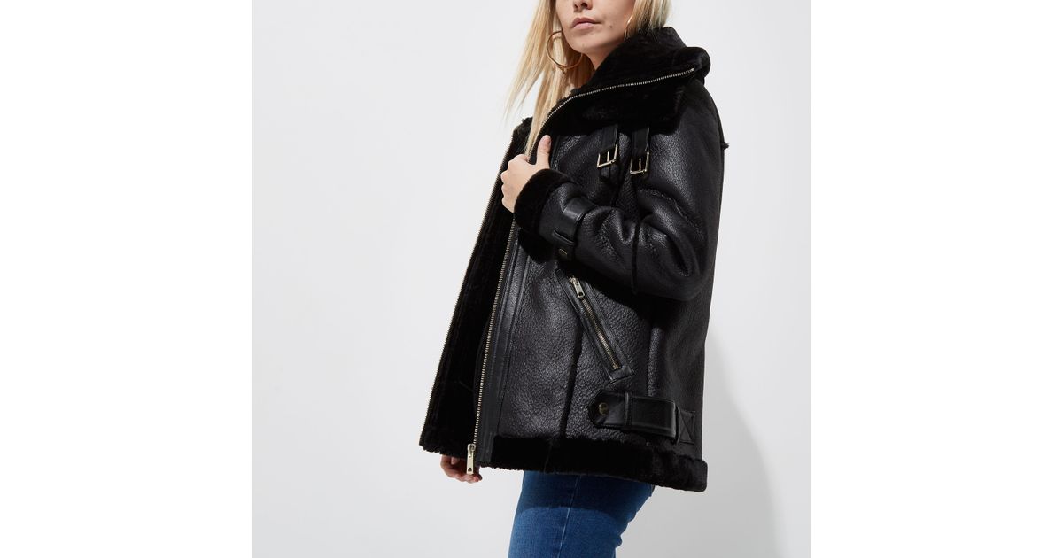 River Island Petite Black Faux Leather Aviator Jacket In Lyst