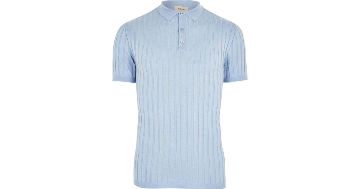 River Island Light Blue Muscle Fit Ribbed Knit Polo Shirt for Men Lyst