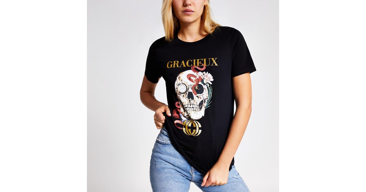 River Island Cotton 'graciuex' Floral Skull Print Tshirt in Black Lyst
