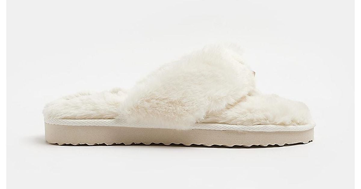 River Island Cream Faux Fur Flip Flop Slippers in White Lyst Australia