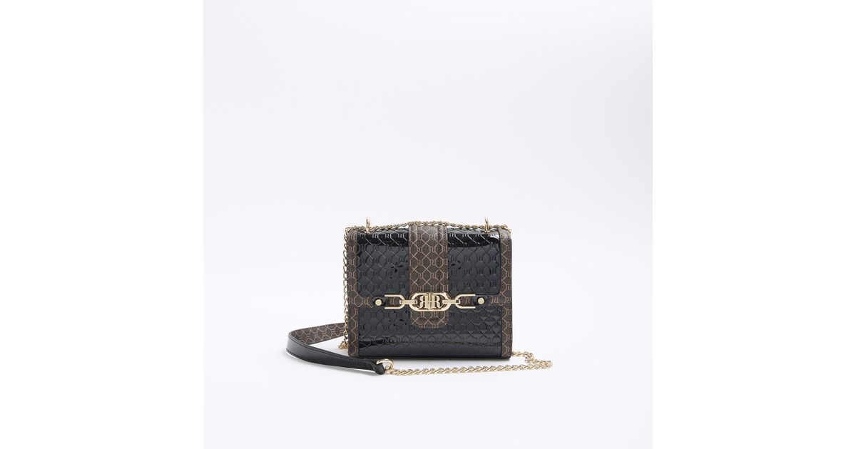 River Island Black Embossed Ri Monogram Cross Body Bag in