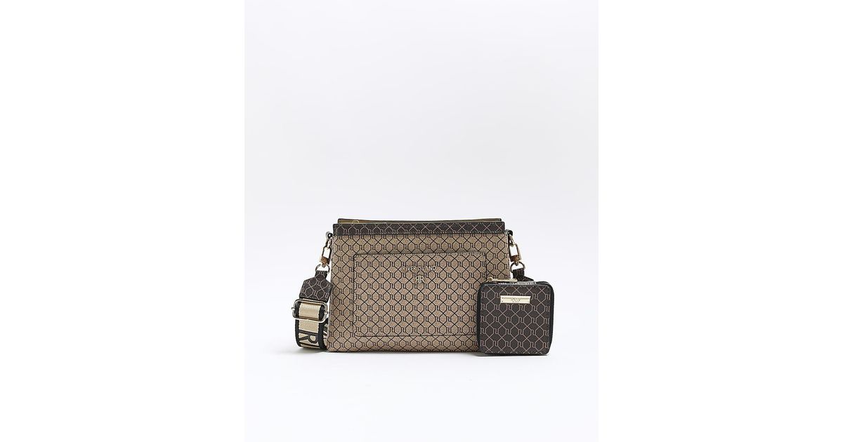 River Island Brown Monogram Crossbody Bag in White Lyst
