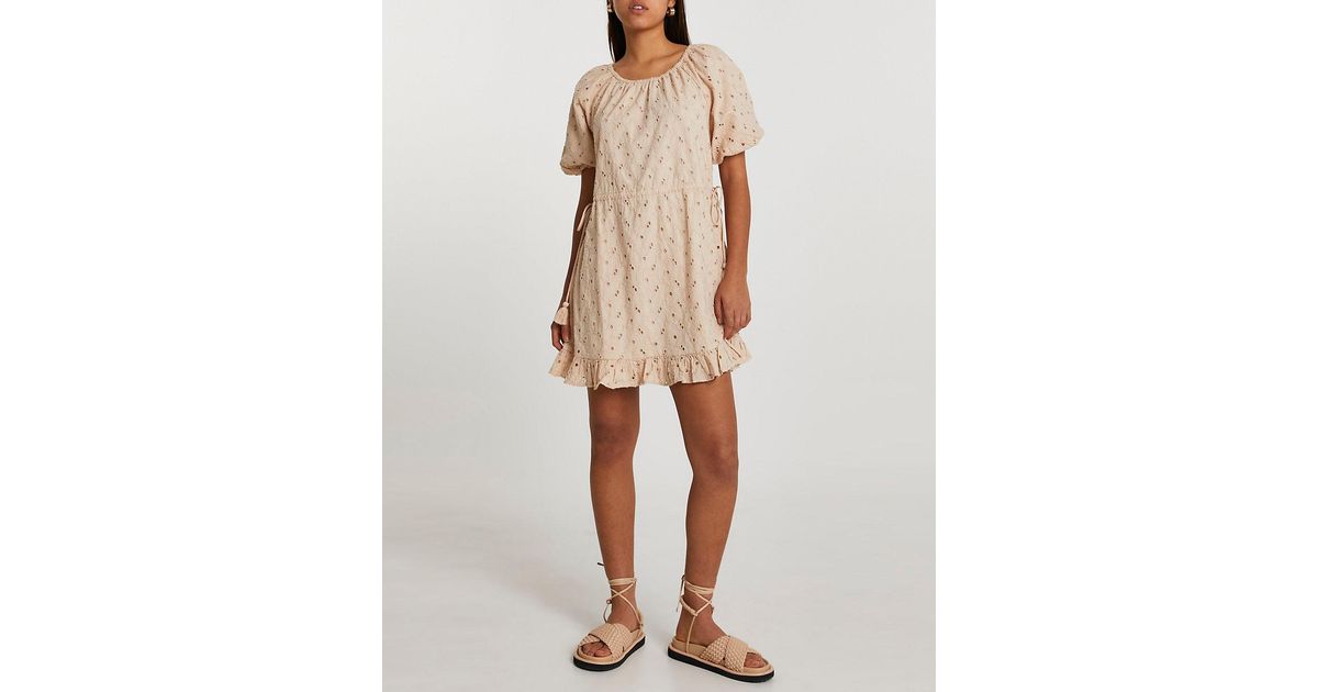 Beige Puff Sleeve Broderie Mini Dress 