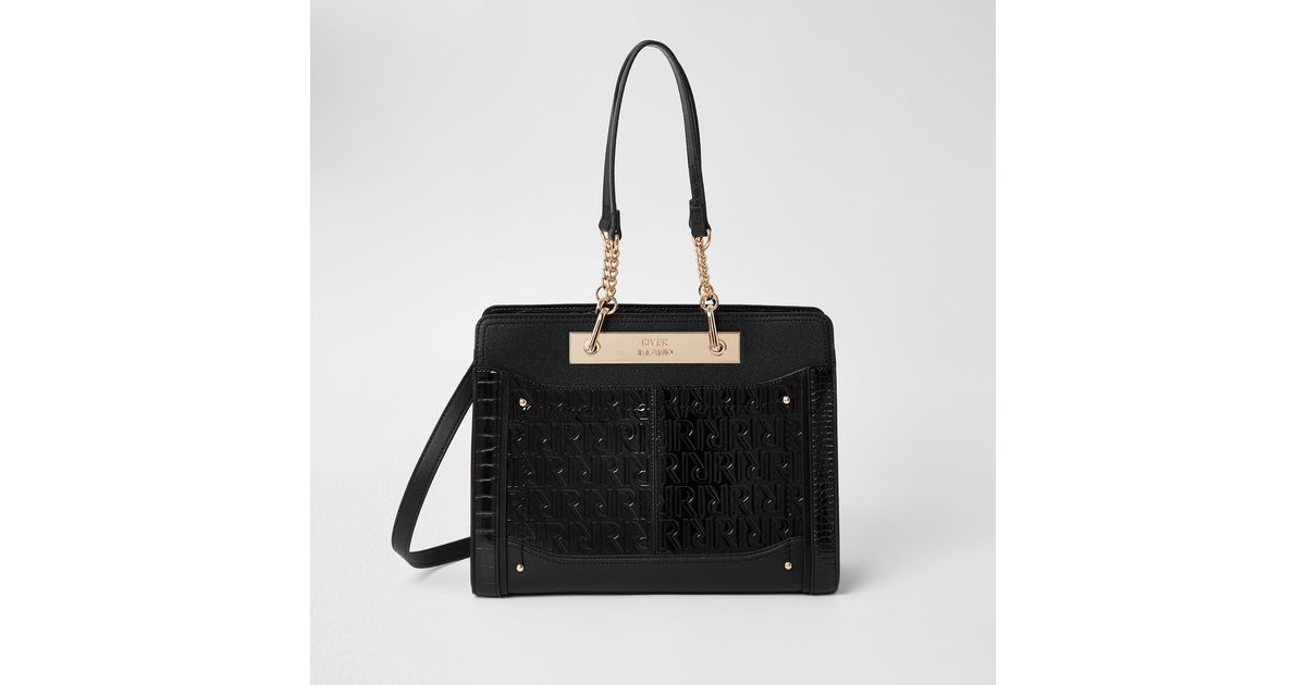 River Island Black Patent Ri Embossed Chain Tote Bag Lyst UK