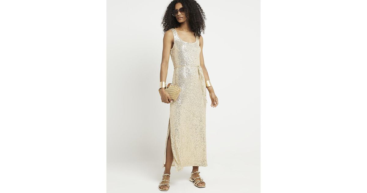 River Island Sequin Tie Waist Slip Midi Dress in Natural Lyst UK