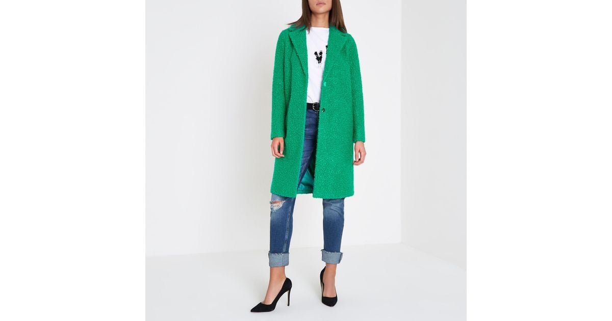 River Island Boucle Coat in Green | Lyst