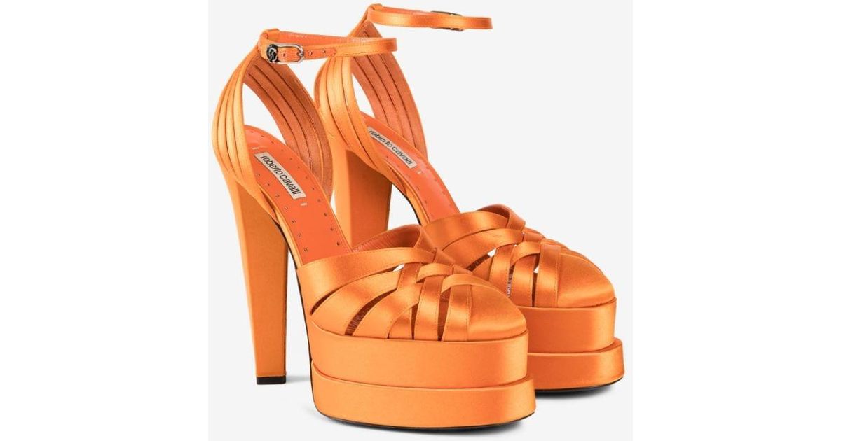 Roberto Cavalli Satin Platform Sandals in Orange | Lyst