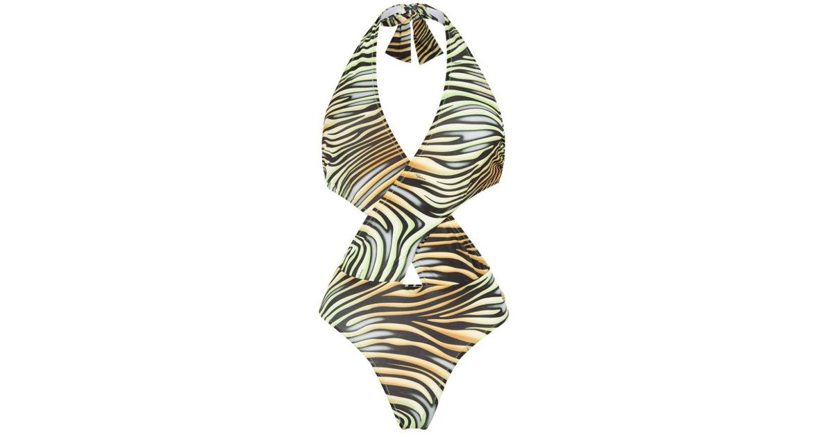 Roberto Cavalli Zebra-print Cut-out Swimsuit in Metallic | Lyst