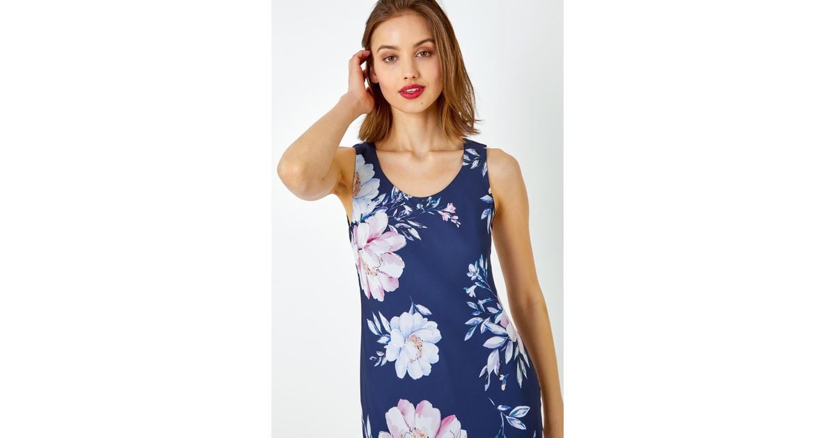 Roman Sleeveless Floral Print Bias Midi Dress in Blue | Lyst UK