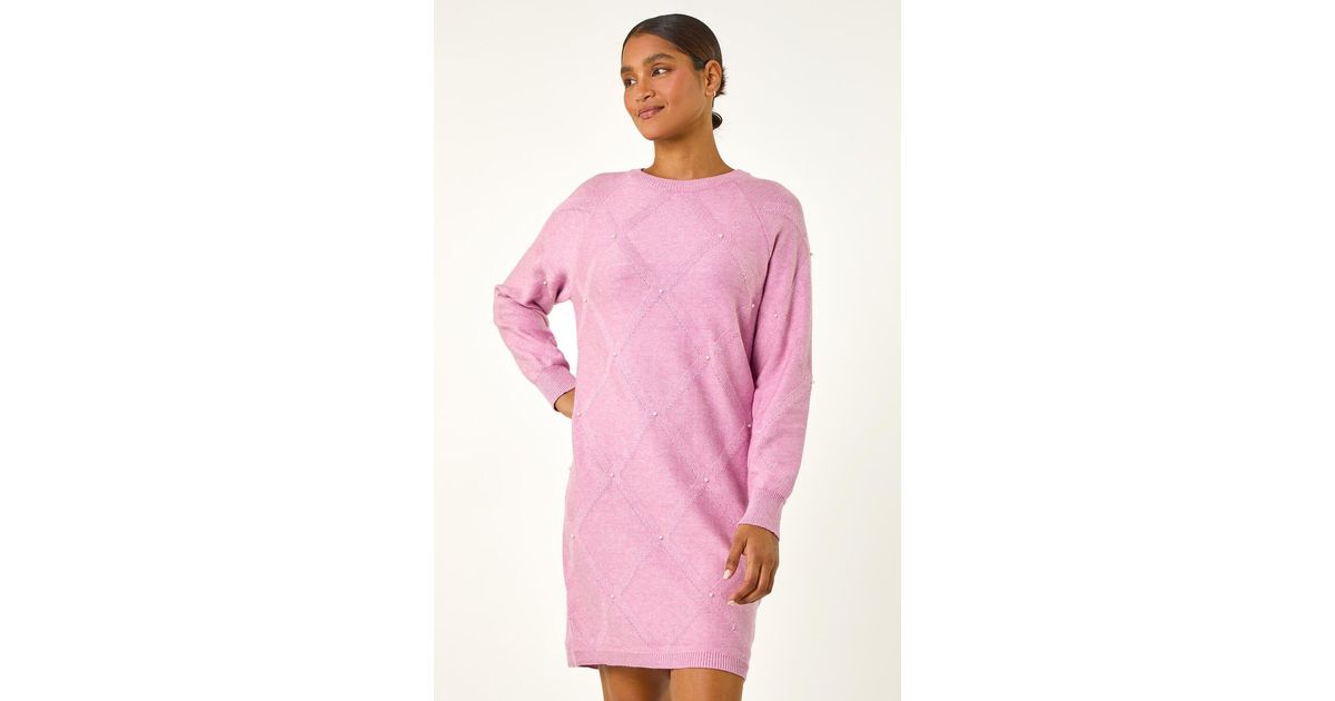 Roman Pearl Embellished Jumper Dress in Pink | Lyst UK