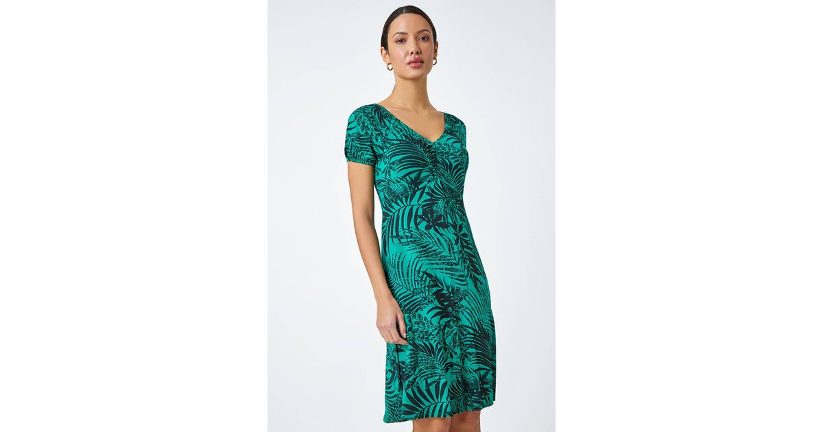Roman Green Leaf Print Stretch Ruched Dress