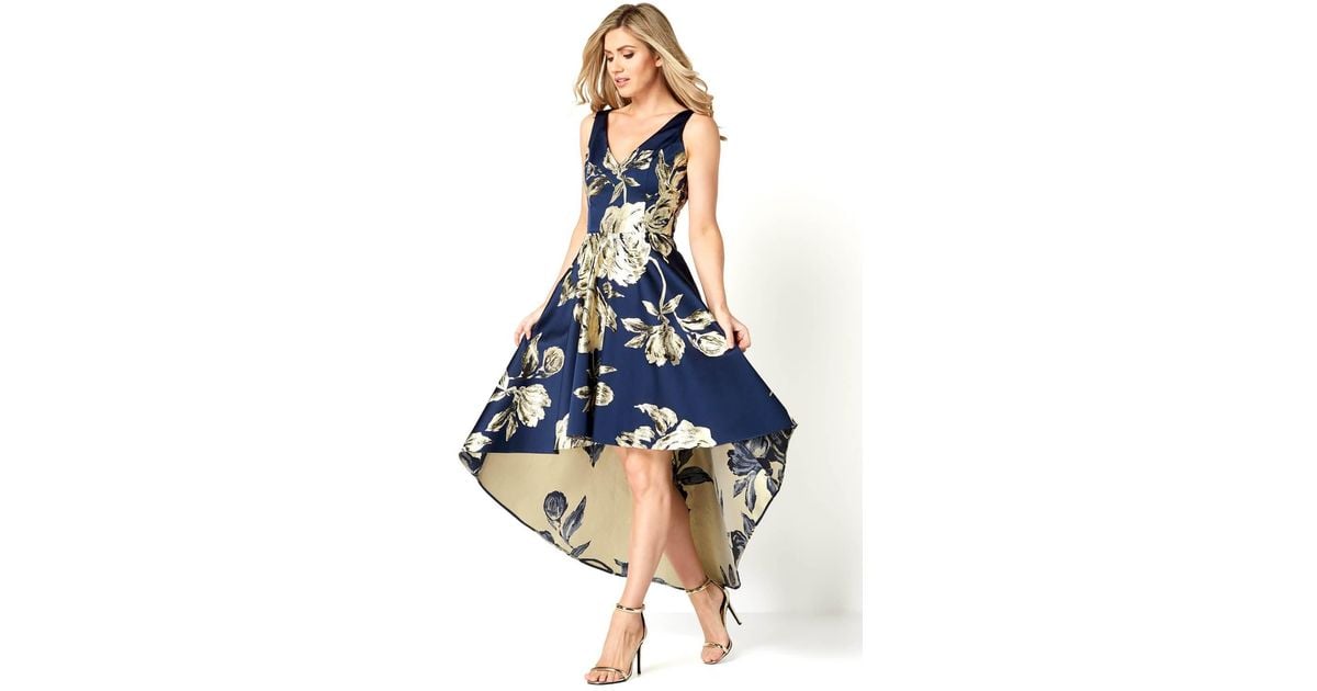 navy jacquard rose gown dress