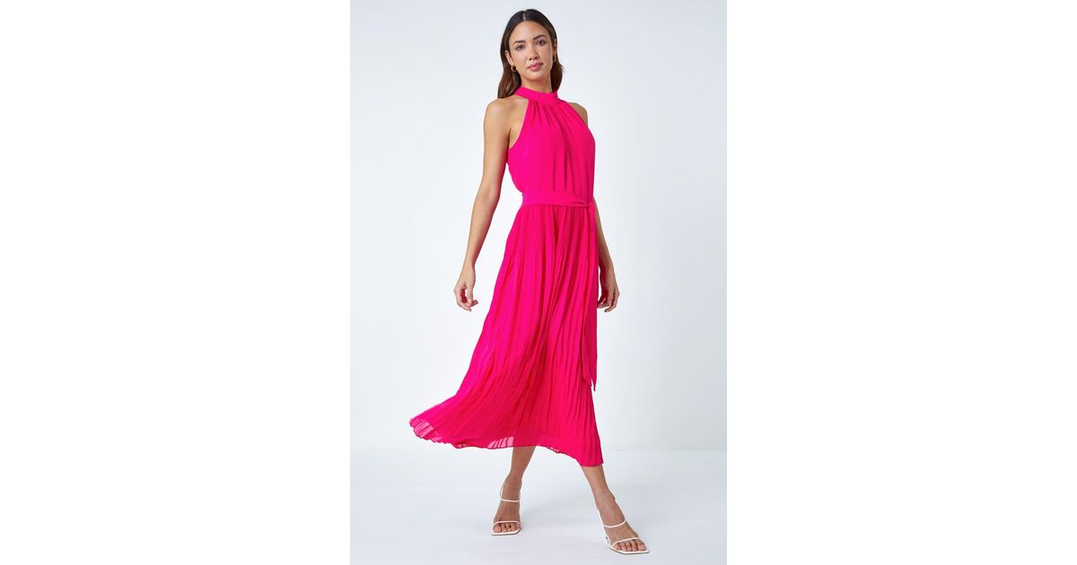 Roman Halterneck Pleated Chiffon Maxi Dress in Pink | Lyst UK