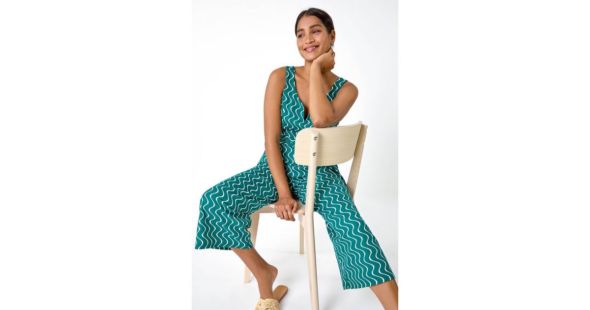 Roman Belted Wave Print Cropped Jumpsuit in Green